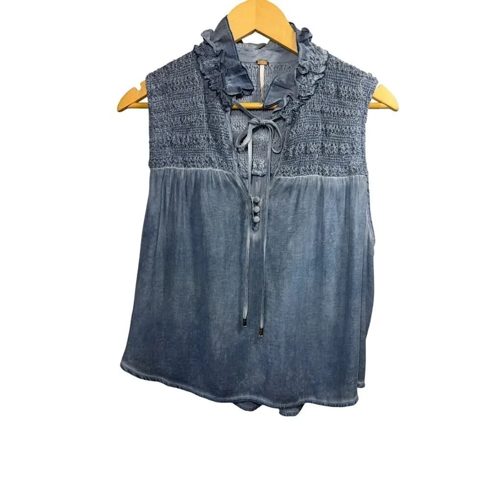 FREE PEOPLE Women's Ruffle Me Up Semi Sheer Smocked Sleeveless Top Blue Small